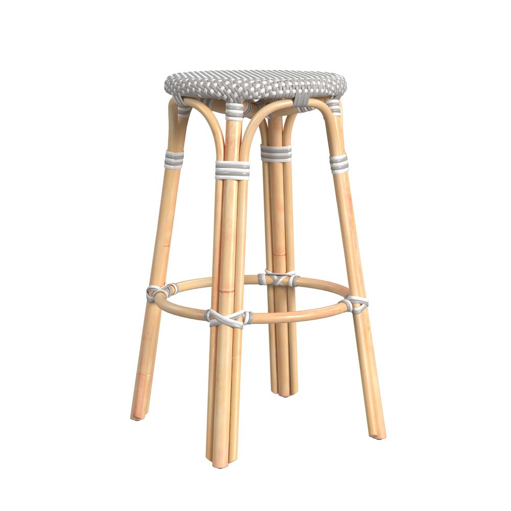 Tobias Round Rattan 30" Bar Stool, Gray and White Dot. Picture 4