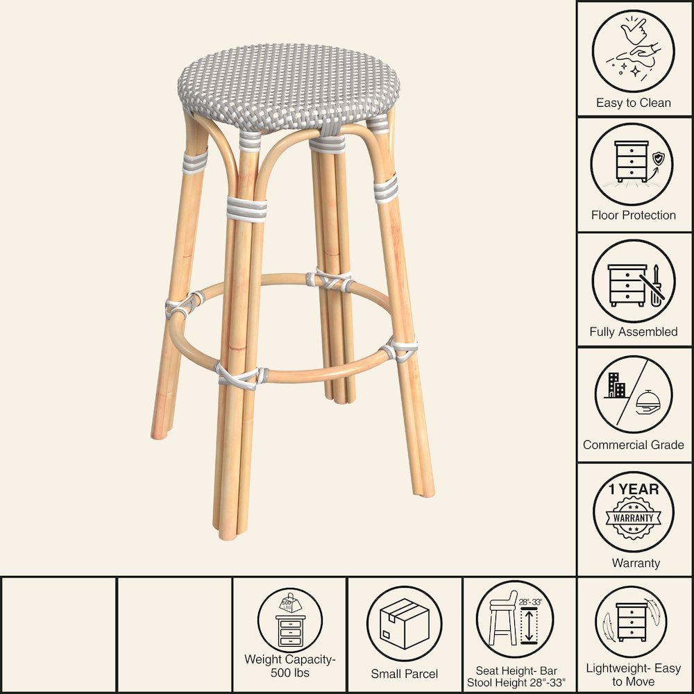 Tobias Round Rattan 30" Bar Stool, Gray and White Dot. Picture 8