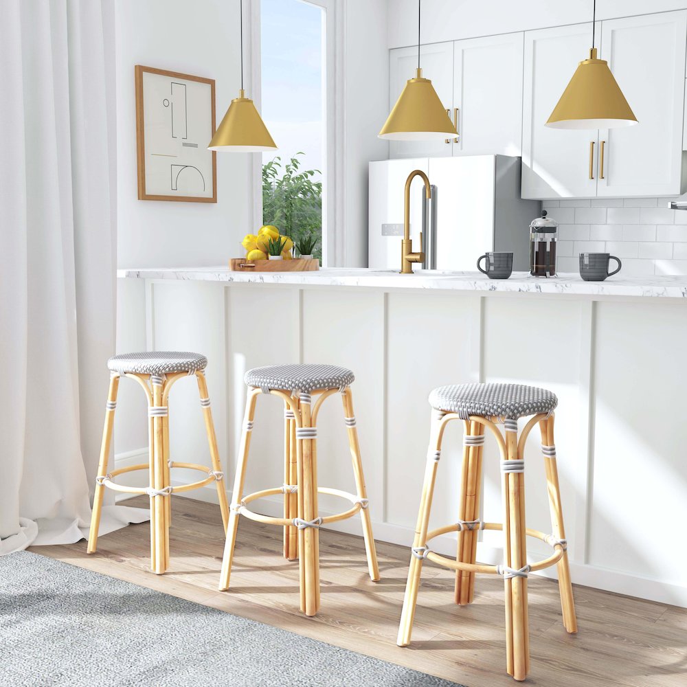 Tobias Round Rattan 30" Bar Stool, Gray and White Dot. Picture 7