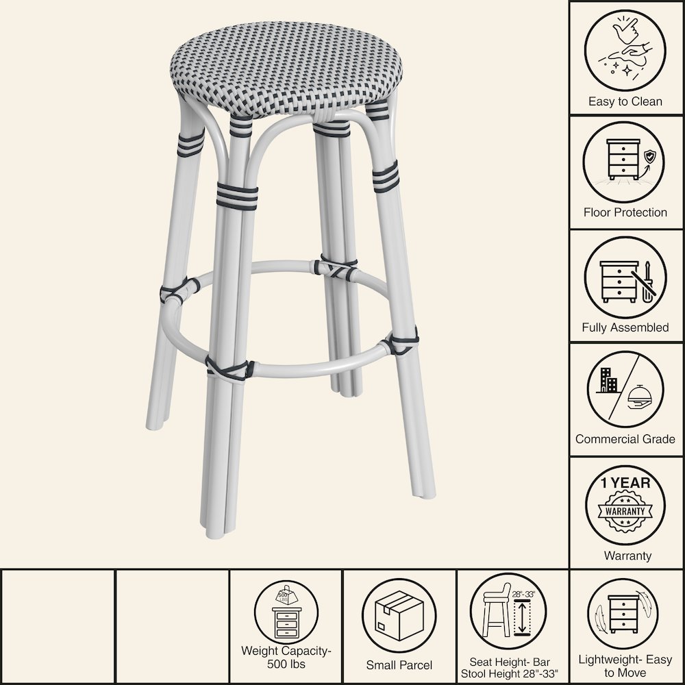 Tobias Round Rattan 30" Bar Stool, White and Black Dot. Picture 8