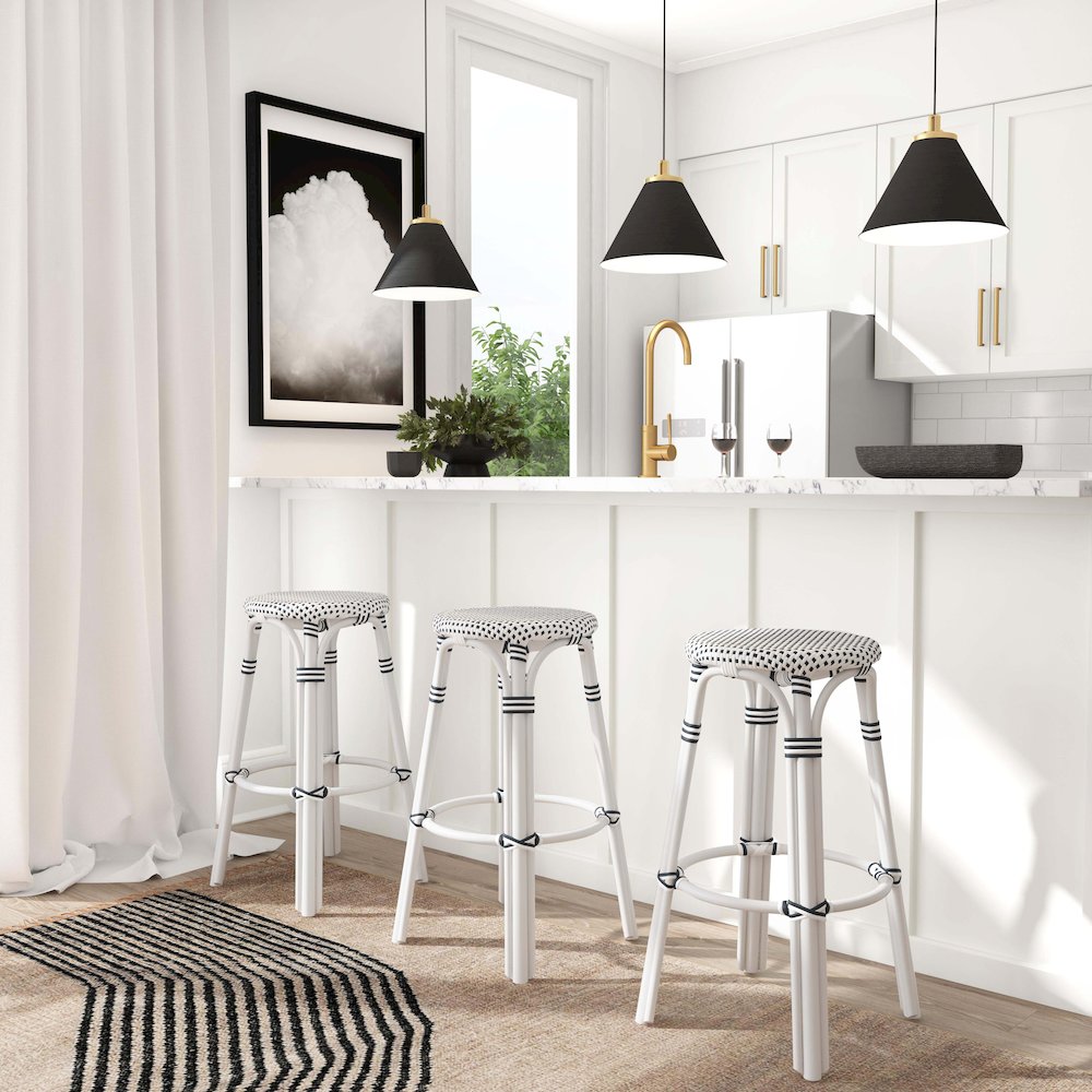 Tobias Round Rattan 30" Bar Stool, White and Black Dot. Picture 7