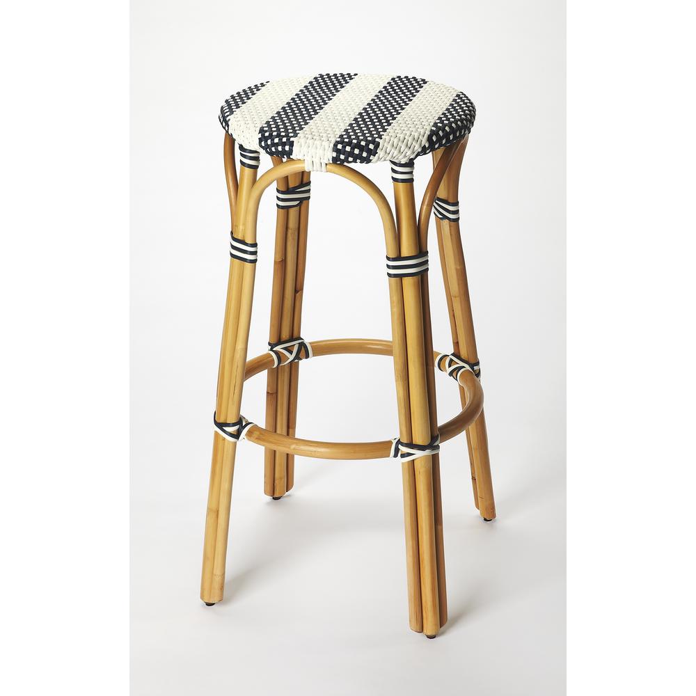 Tobias Round Rattan 30" Bar Stool, White and Navy Stripe. Picture 1