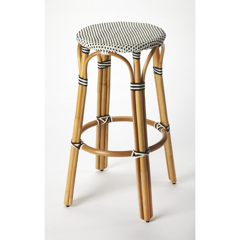 Tobias Round Rattan 30" Bar Stool, White and Black Dot. Picture 1