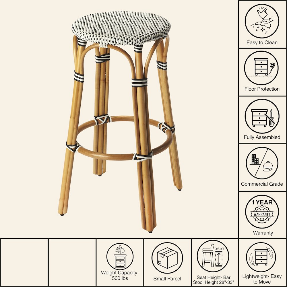 Tobias Round Rattan 30" Bar Stool, White and Black Dot. Picture 4