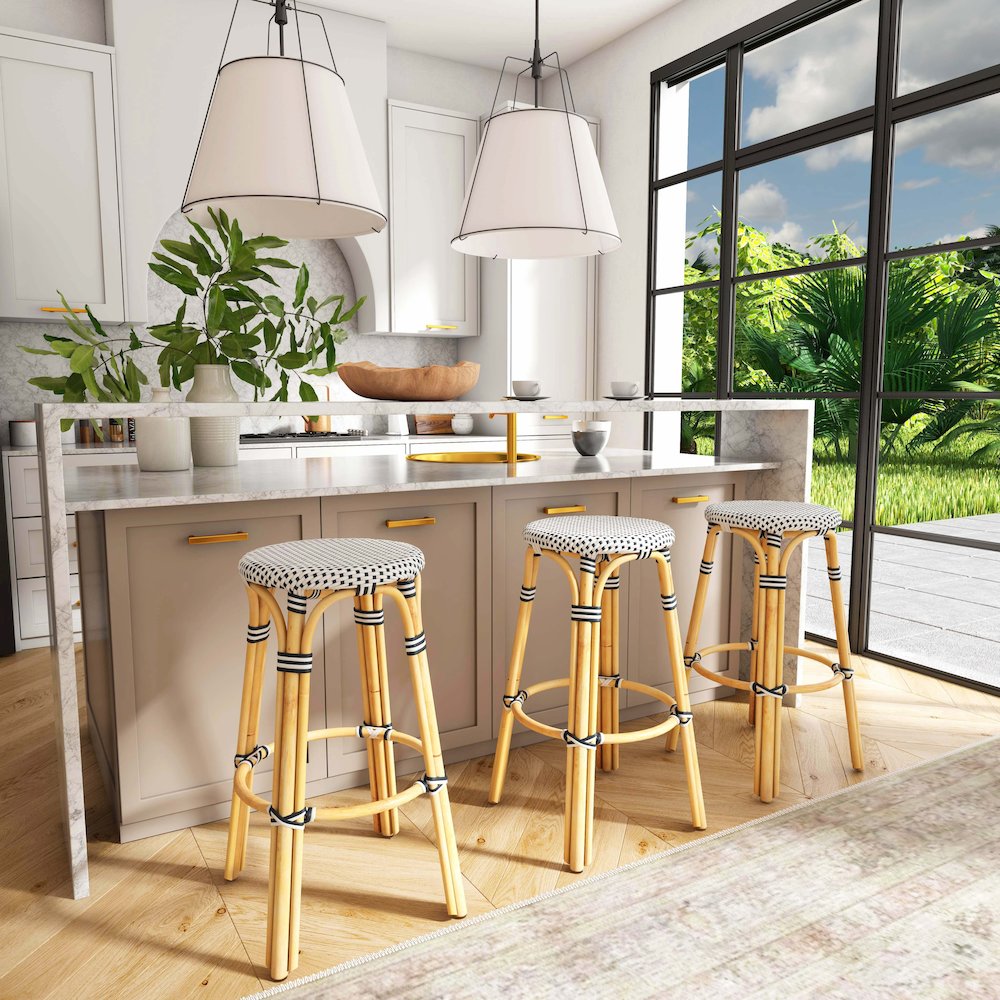 Tobias Round Rattan 30" Bar Stool, White and Black Dot. Picture 2