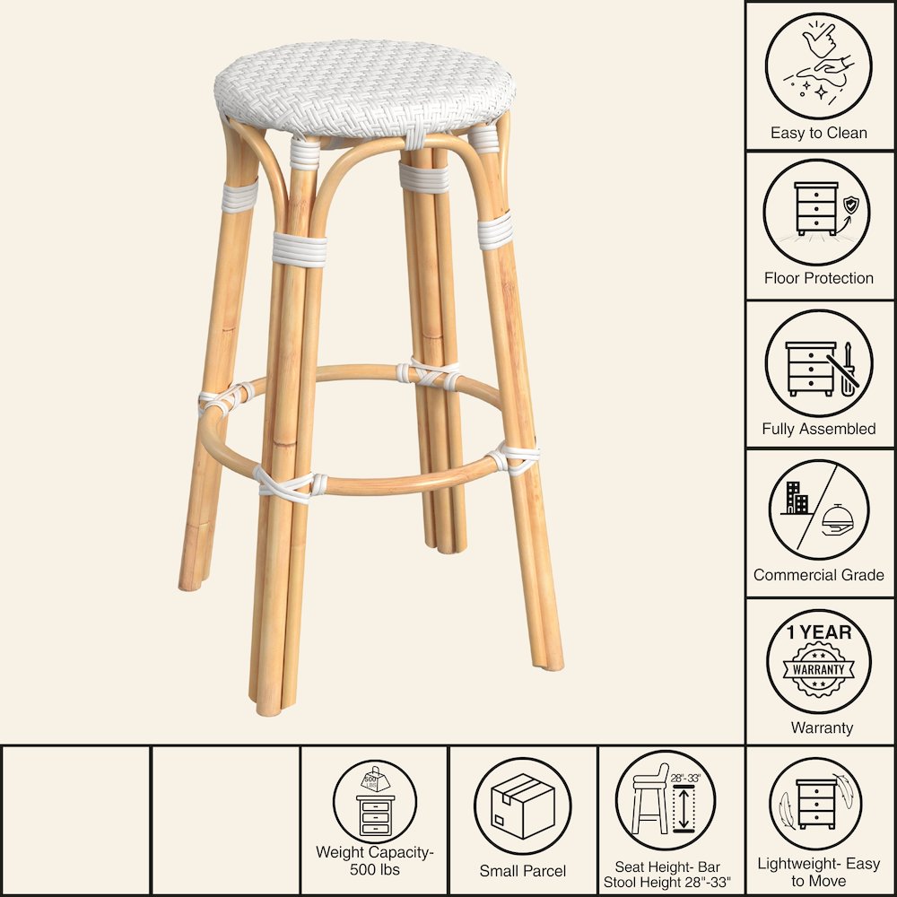 Tobias Round Rattan 30" Bar Stool, Glossy White. Picture 8
