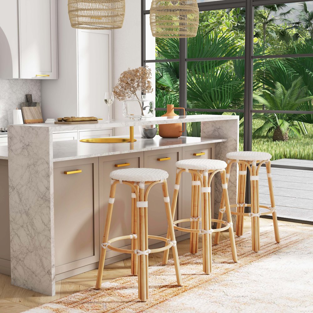 Tobias Round Rattan 30" Bar Stool, Glossy White. Picture 7