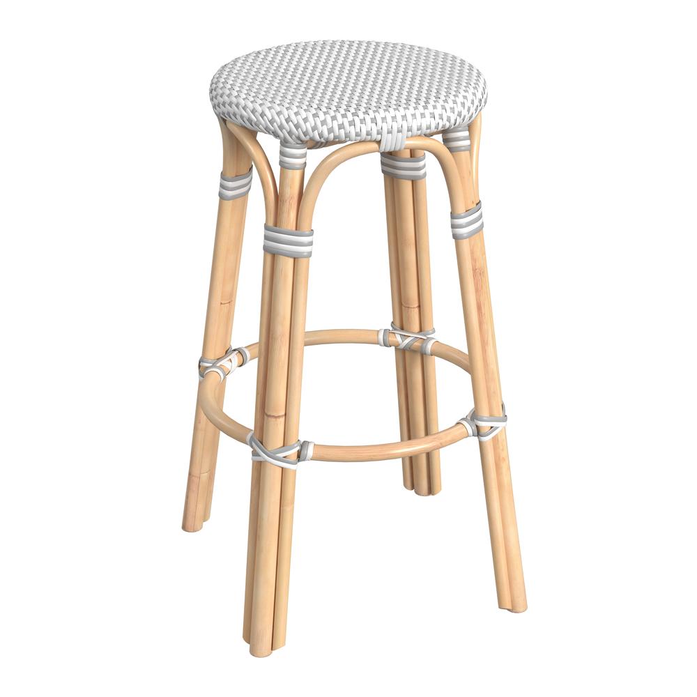 Tobias Round Rattan 30" Bar Stool, White and Gray Dot. Picture 1