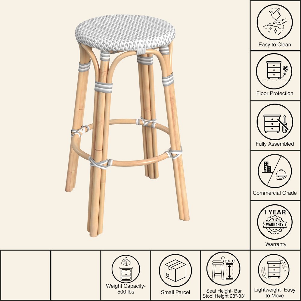 Tobias Round Rattan 30" Bar Stool, White and Gray Dot. Picture 8