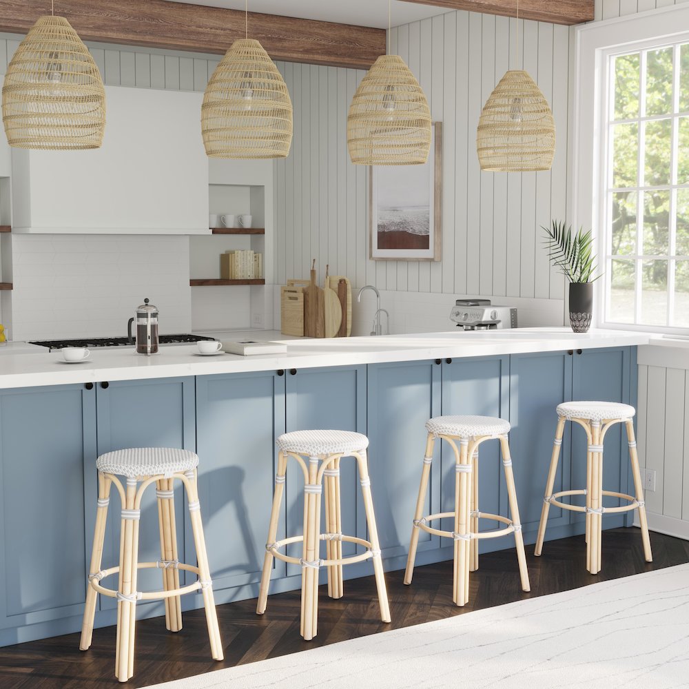 Tobias Round Rattan 30" Bar Stool, White and Gray Dot. Picture 7