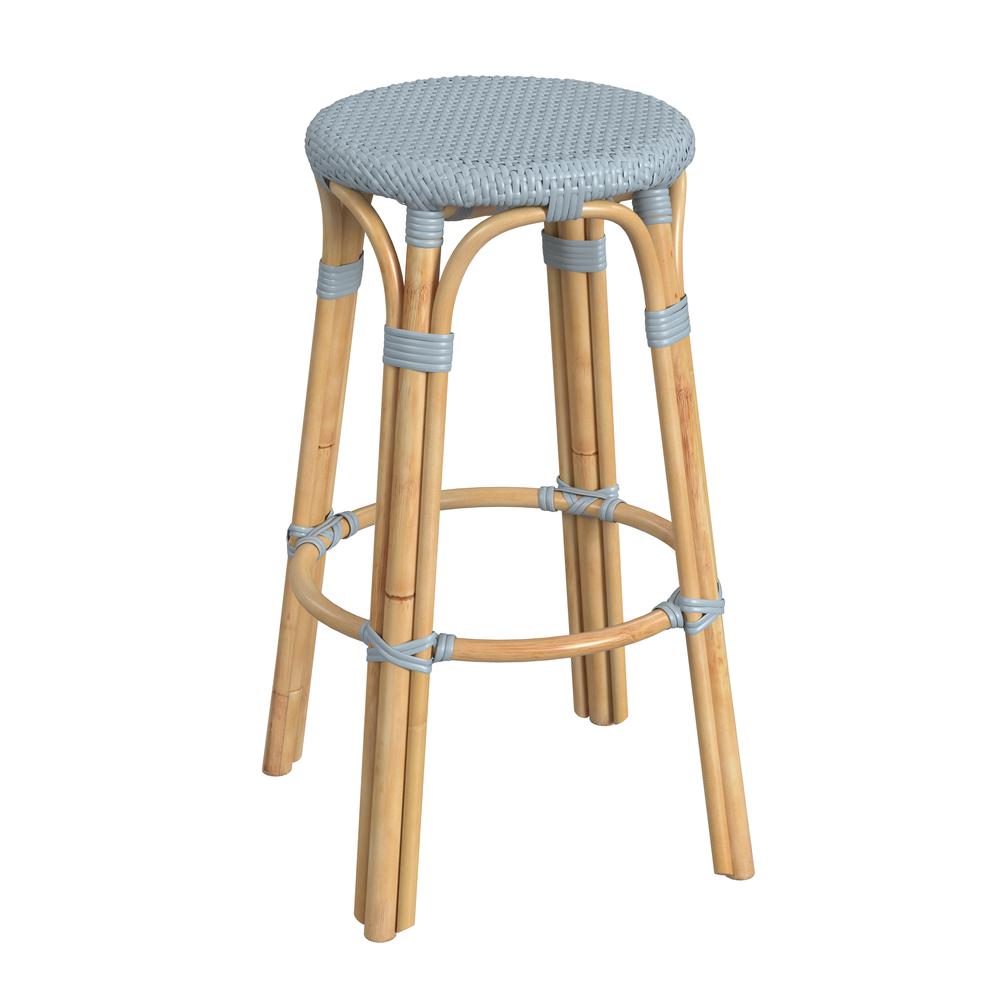 Tobias Round Rattan 30" Bar Stool, Baby Blue. Picture 1