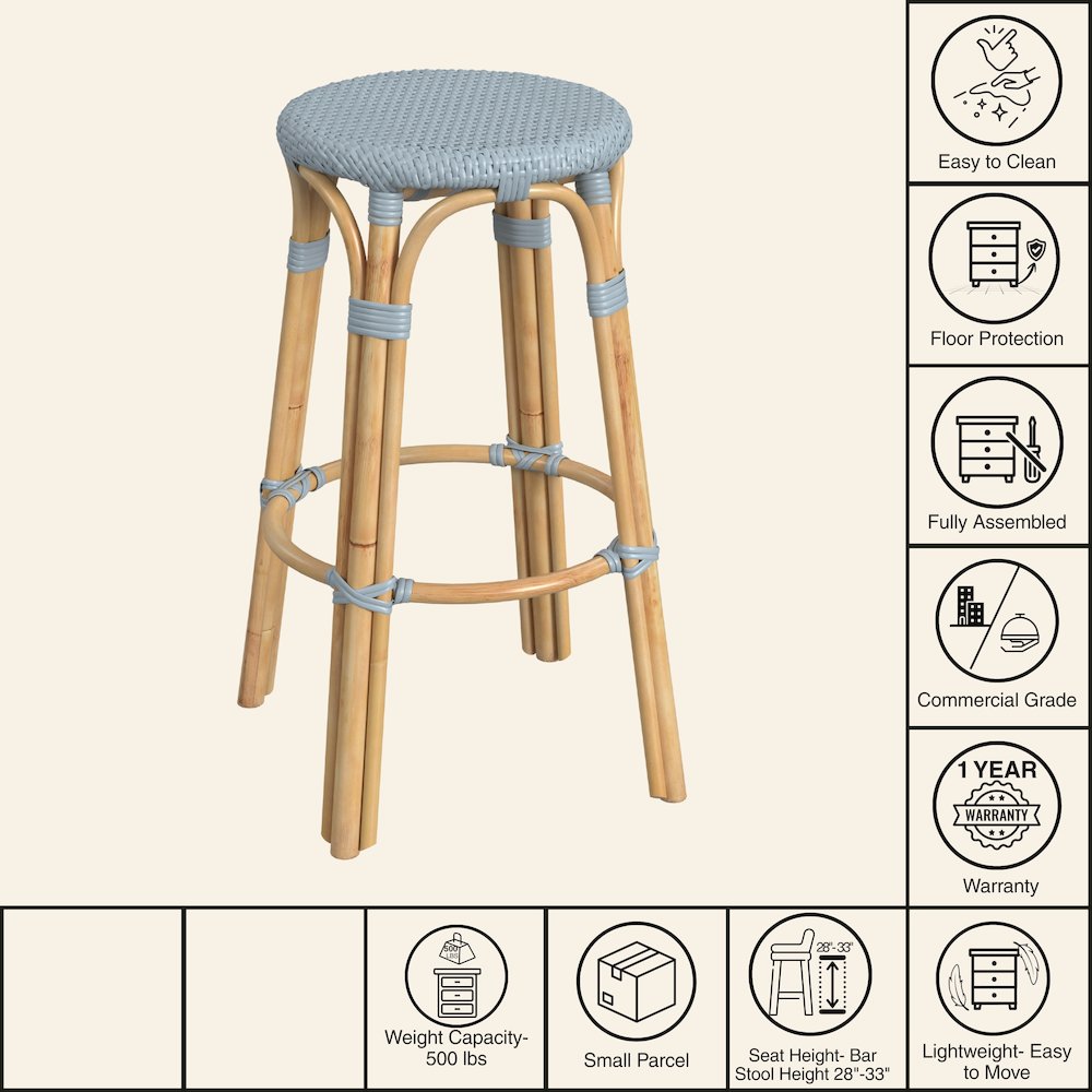 Tobias Round Rattan 30" Bar Stool, Baby Blue. Picture 8