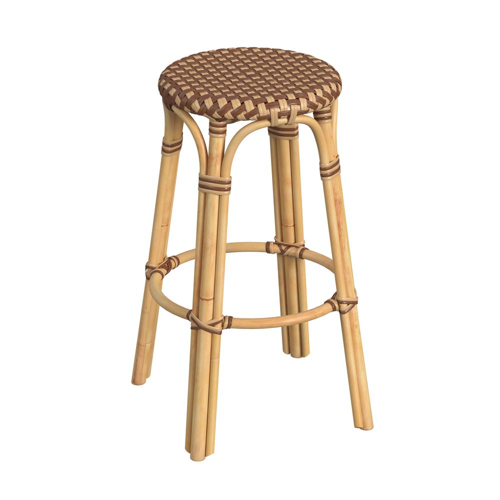 Tobias Round Rattan 30" Bar Stool, Brown and Tan Dot. Picture 1