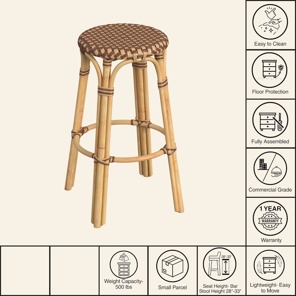 Tobias Round Rattan 30" Bar Stool, Brown and Tan Dot. Picture 8