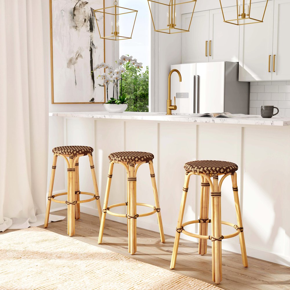 Tobias Round Rattan 30" Bar Stool, Brown and Tan Dot. Picture 7