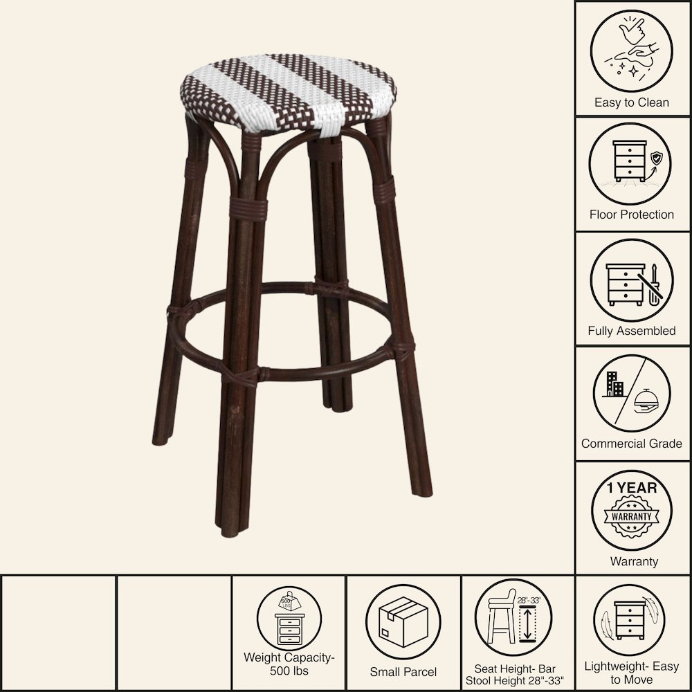 Tobias Round Rattan 30" Bar Stool, White and Brown Stripe. Picture 8