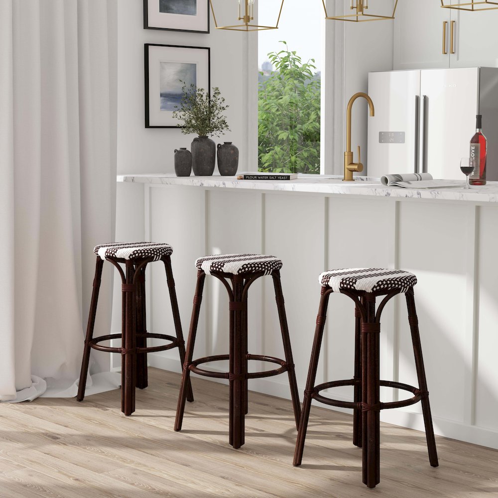 Tobias Round Rattan 30" Bar Stool, White and Brown Stripe. Picture 2