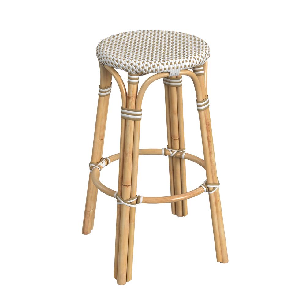 Tobias Round Rattan 30" Bar Stool, White and Tan Dot. Picture 1
