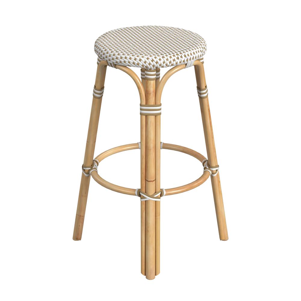 Tobias Round Rattan 30" Bar Stool, White and Tan Dot. Picture 3
