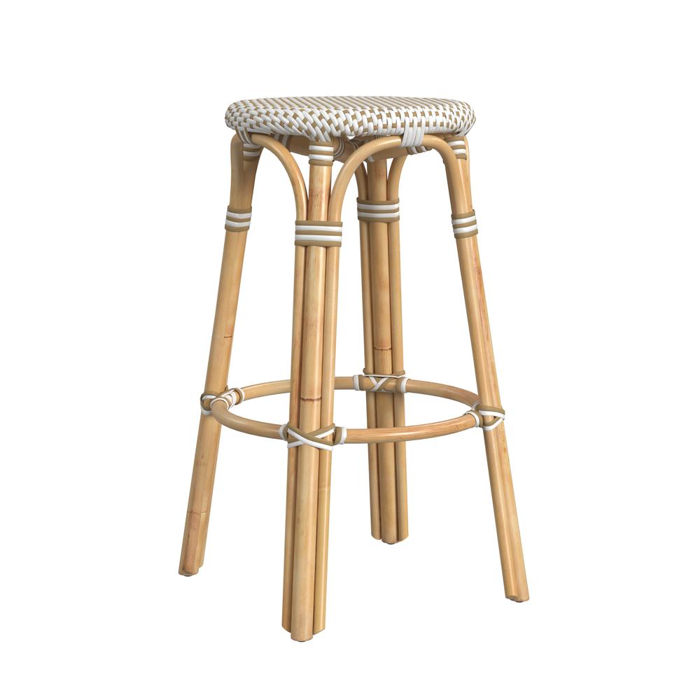 Tobias Round Rattan 30" Bar Stool, White and Tan Dot. Picture 4