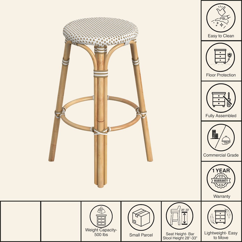 Tobias Round Rattan 30" Bar Stool, White and Tan Dot. Picture 8