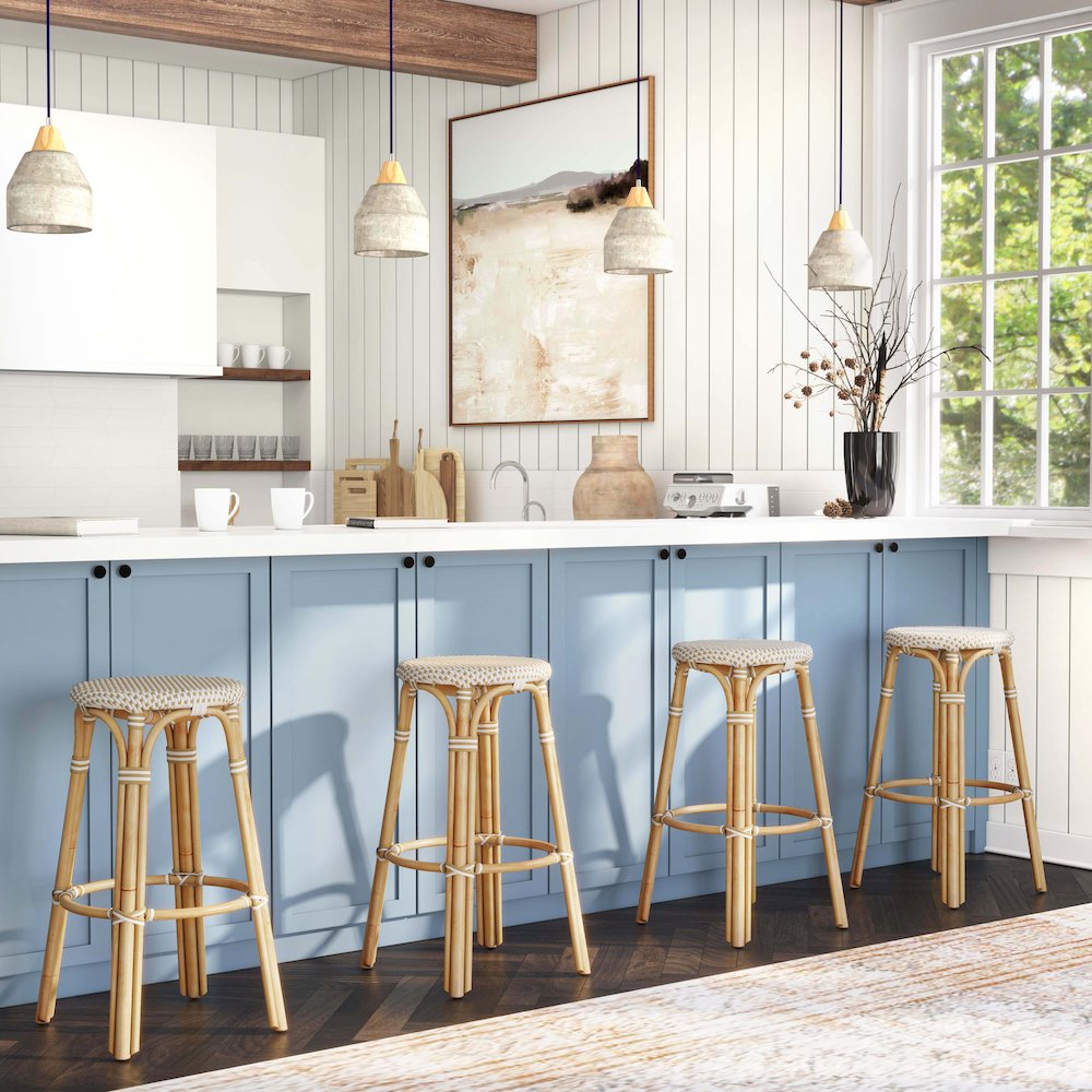 Tobias Round Rattan 30" Bar Stool, White and Tan Dot. Picture 7