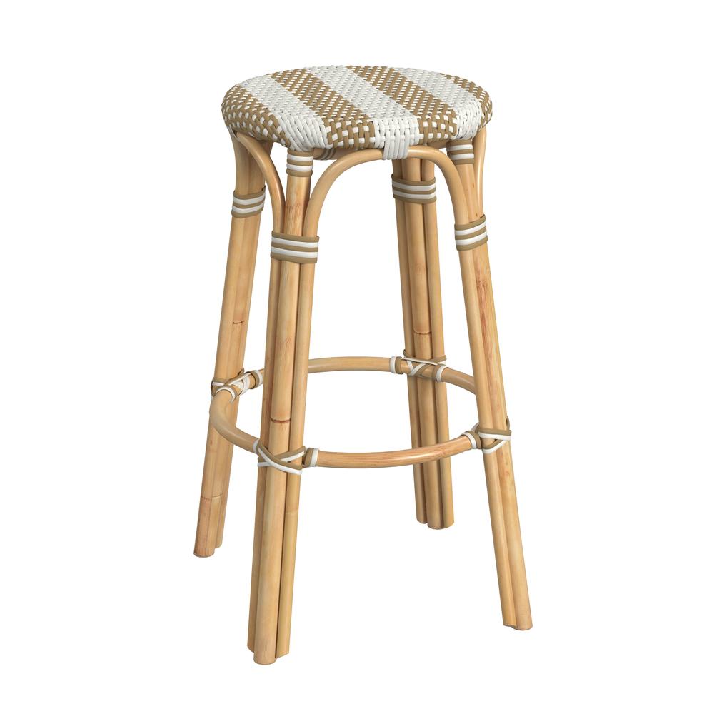 Tobias Round Rattan 30" Bar Stool, Tan and White Stripe. Picture 1