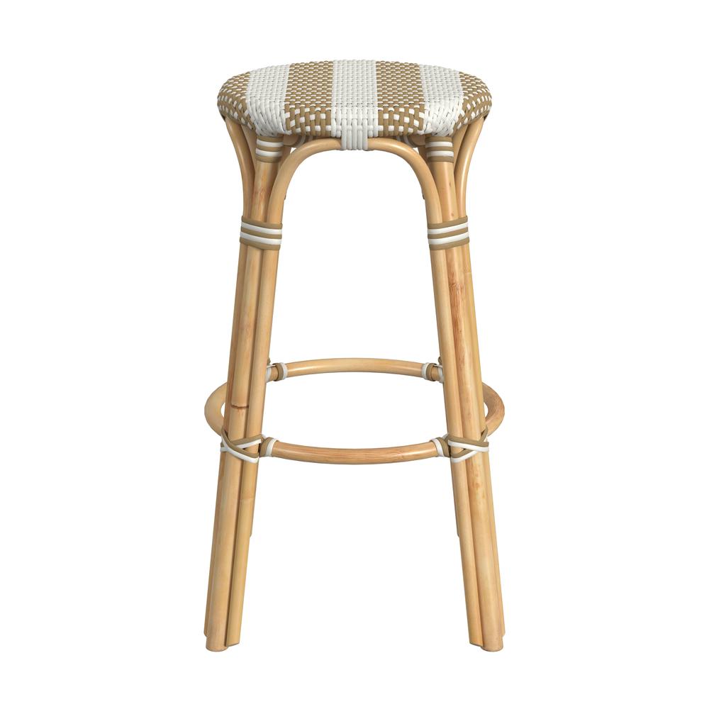 Tobias Round Rattan 30" Bar Stool, Tan and White Stripe. Picture 2