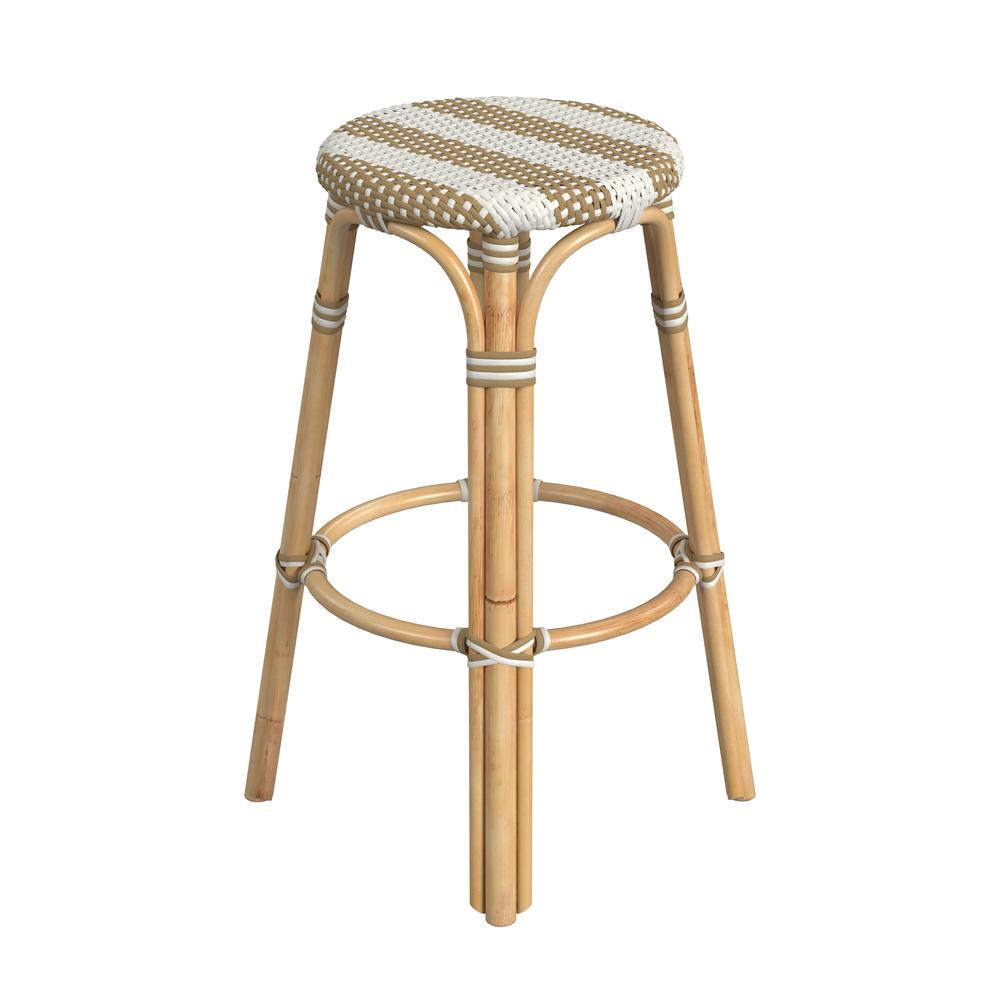 Tobias Round Rattan 30" Bar Stool, Tan and White Stripe. Picture 3