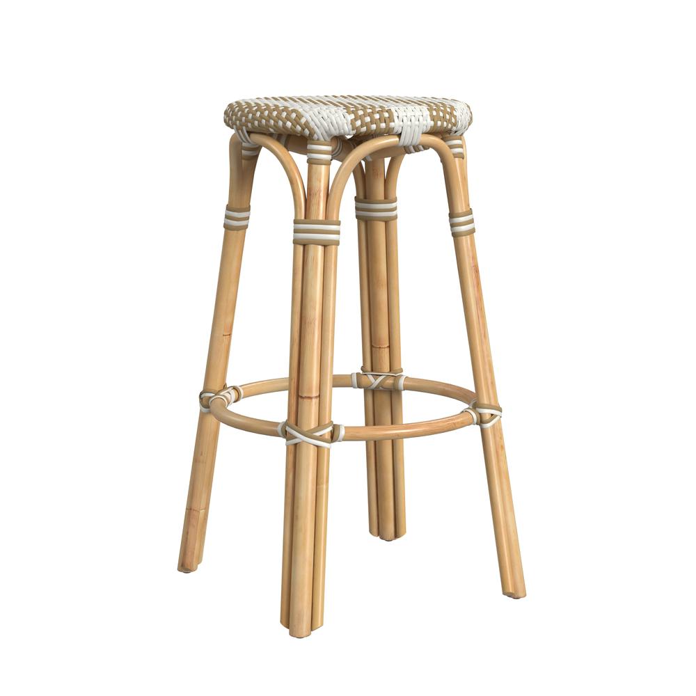 Tobias Round Rattan 30" Bar Stool, Tan and White Stripe. Picture 4