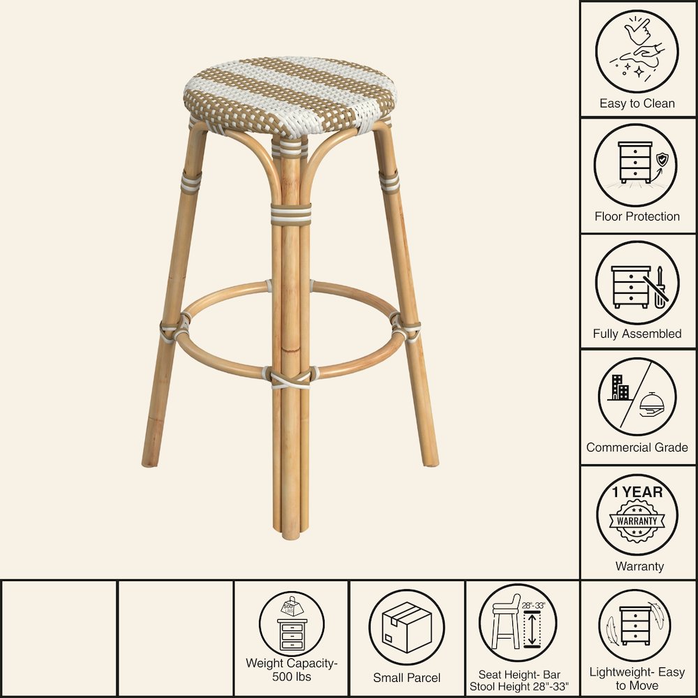Tobias Round Rattan 30" Bar Stool, Tan and White Stripe. Picture 8