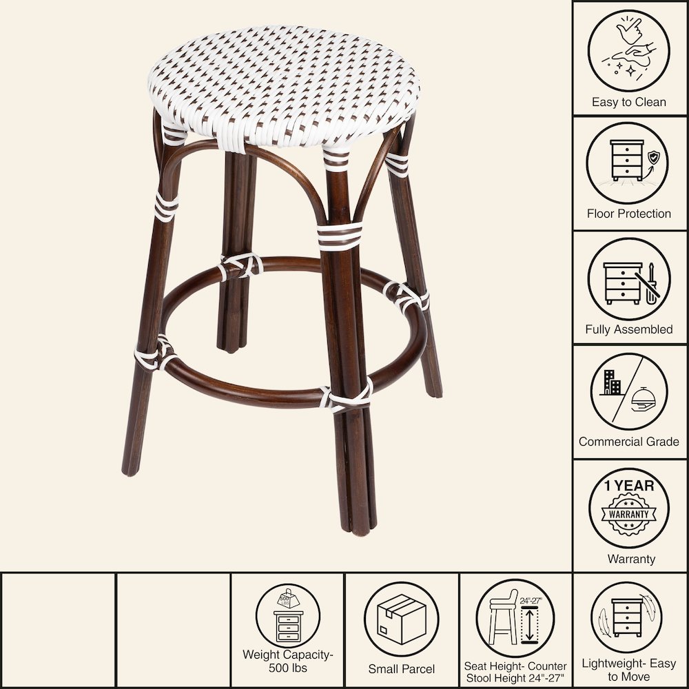 Tobias Rattan Round 24" Counter Stool, White and Brown Dot. Picture 9