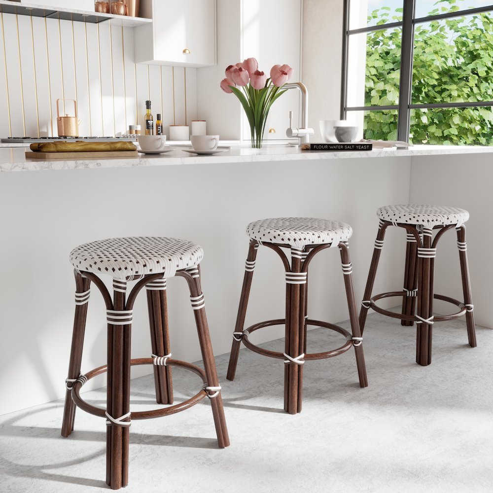 Tobias Rattan Round 24" Counter Stool, White and Brown Dot. Picture 8