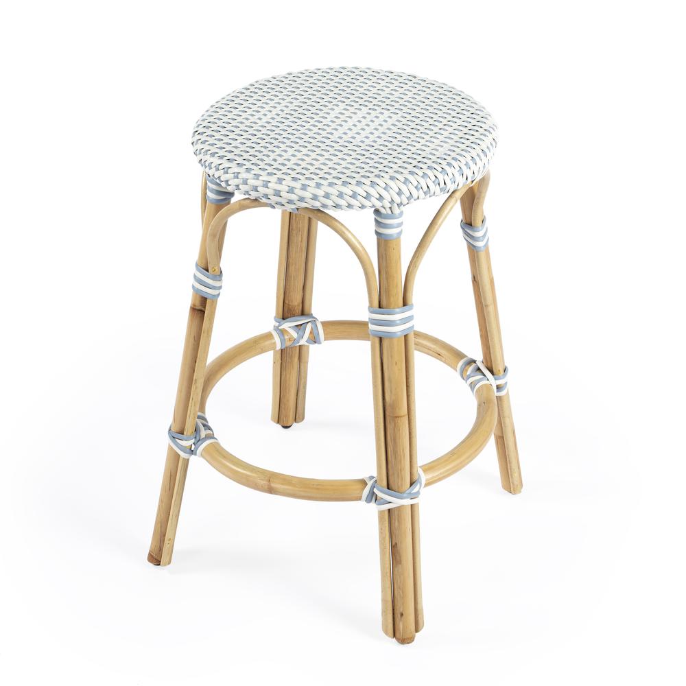 Tobias Rattan Round 24" Counter Stool, White and Sky Blue Dot. Picture 1