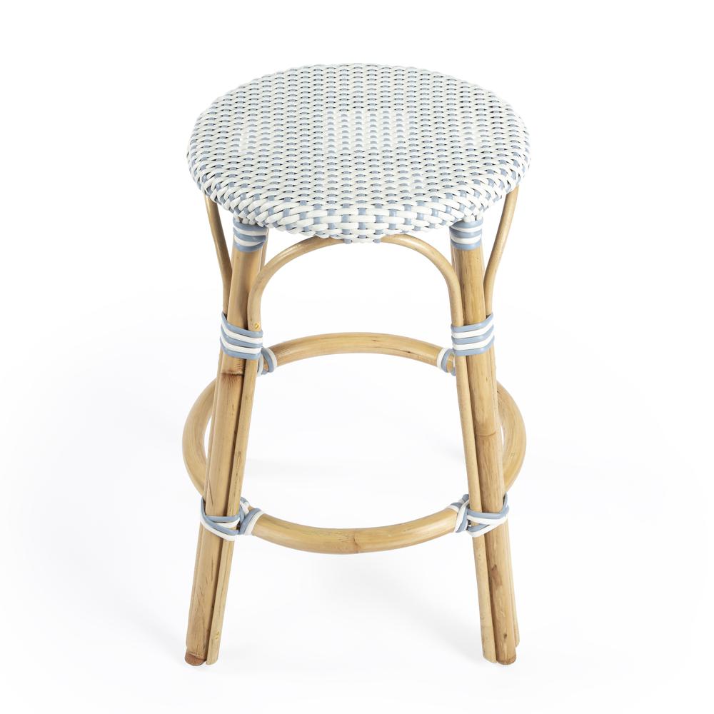 Tobias Rattan Round 24" Counter Stool, White and Sky Blue Dot. Picture 2