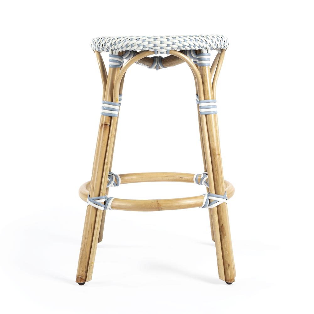 Tobias Rattan Round 24" Counter Stool, White and Sky Blue Dot. Picture 3
