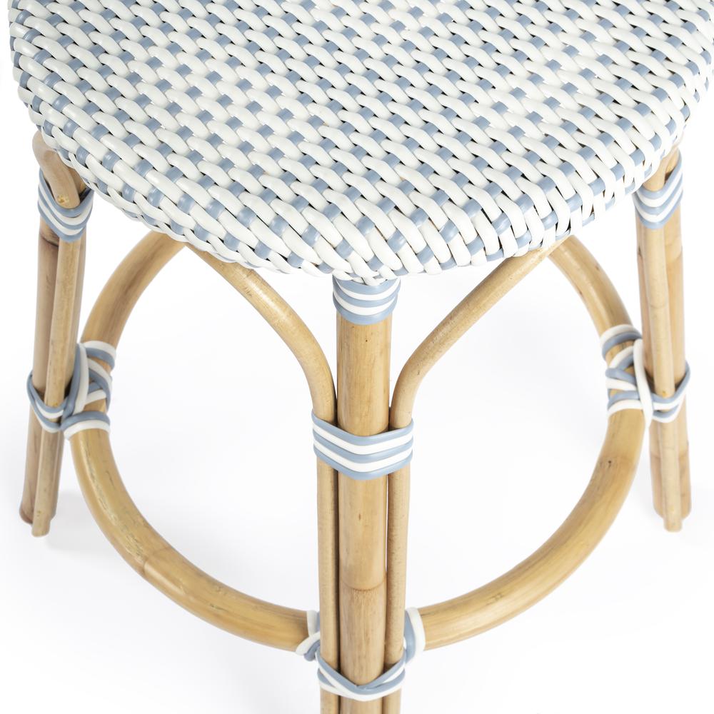 Tobias Rattan Round 24" Counter Stool, White and Sky Blue Dot. Picture 4