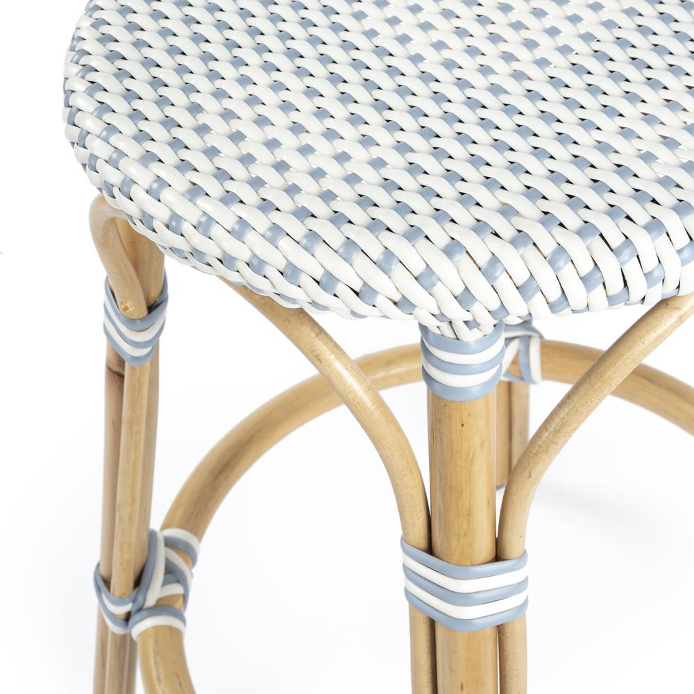 Tobias Rattan Round 24" Counter Stool, White and Sky Blue Dot. Picture 5