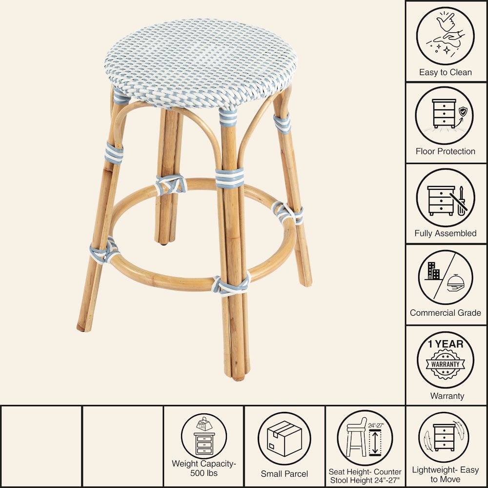 Tobias Rattan Round 24" Counter Stool, White and Sky Blue Dot. Picture 9
