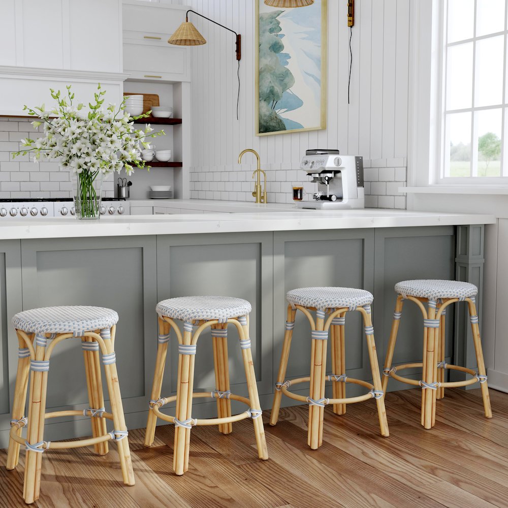 Tobias Rattan Round 24" Counter Stool, White and Sky Blue Dot. Picture 8