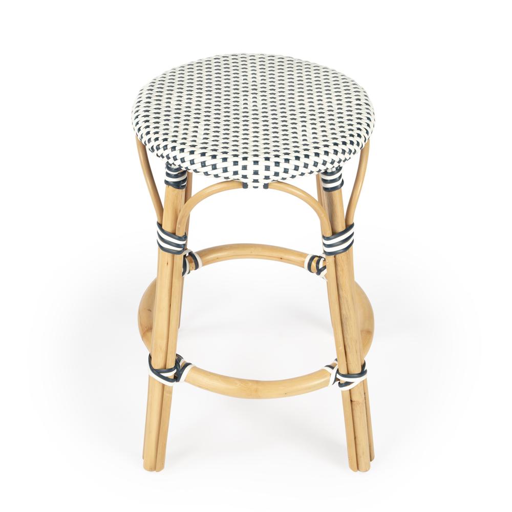 Tobias Rattan Round 24" Counter Stool, White and Navy Dot. Picture 2