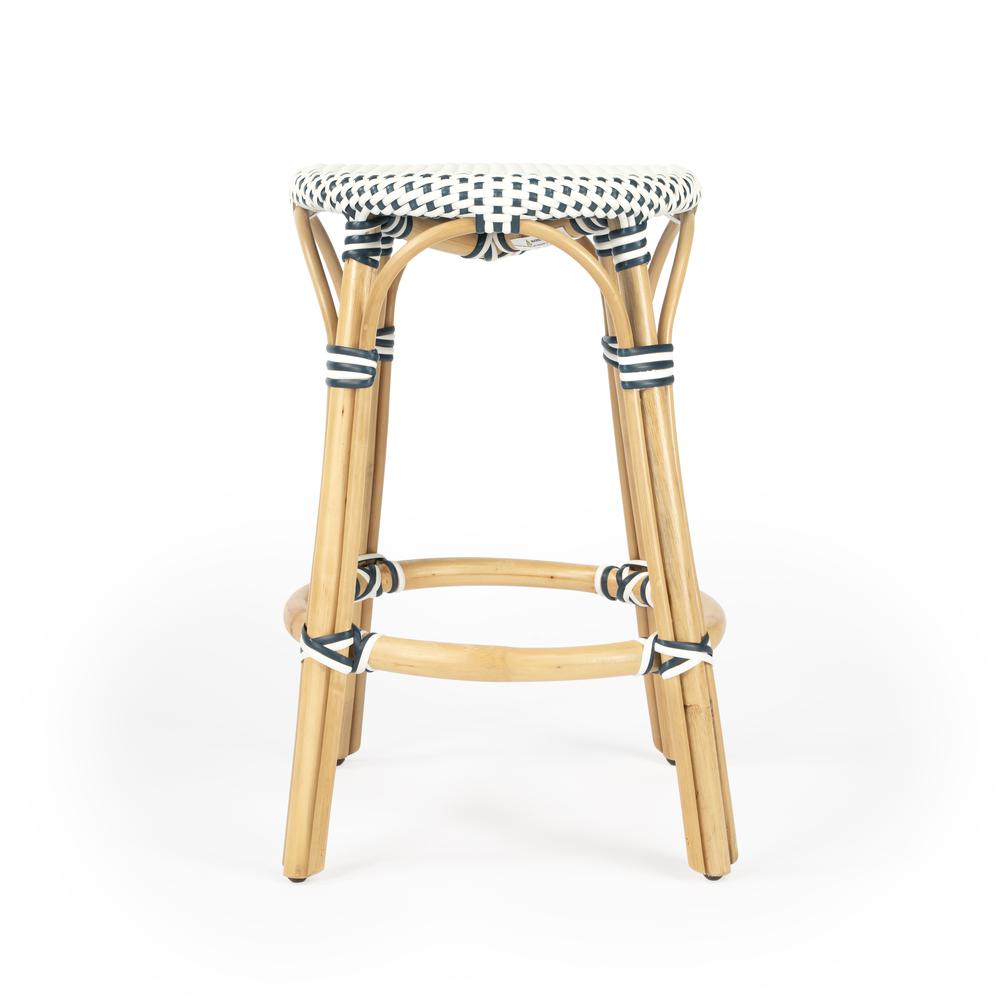 Tobias Rattan Round 24" Counter Stool, White and Navy Dot. Picture 3