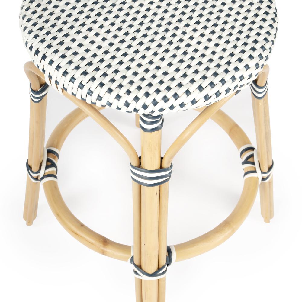 Tobias Rattan Round 24" Counter Stool, White and Navy Dot. Picture 4