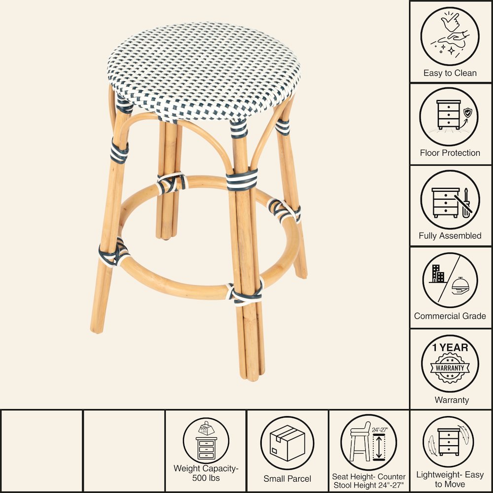 Tobias Rattan Round 24" Counter Stool, White and Navy Dot. Picture 8