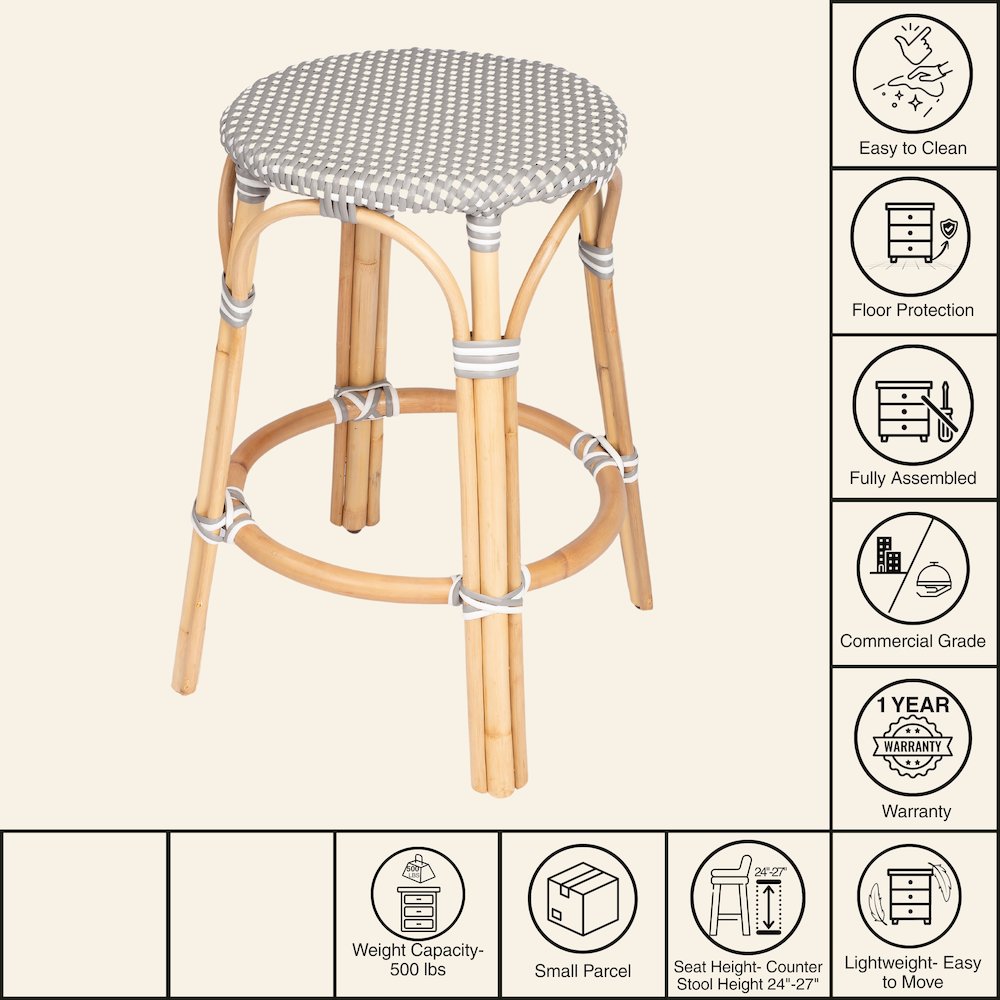 Tobias Rattan Round 24" Counter Stool, Gray and White Dot. Picture 8