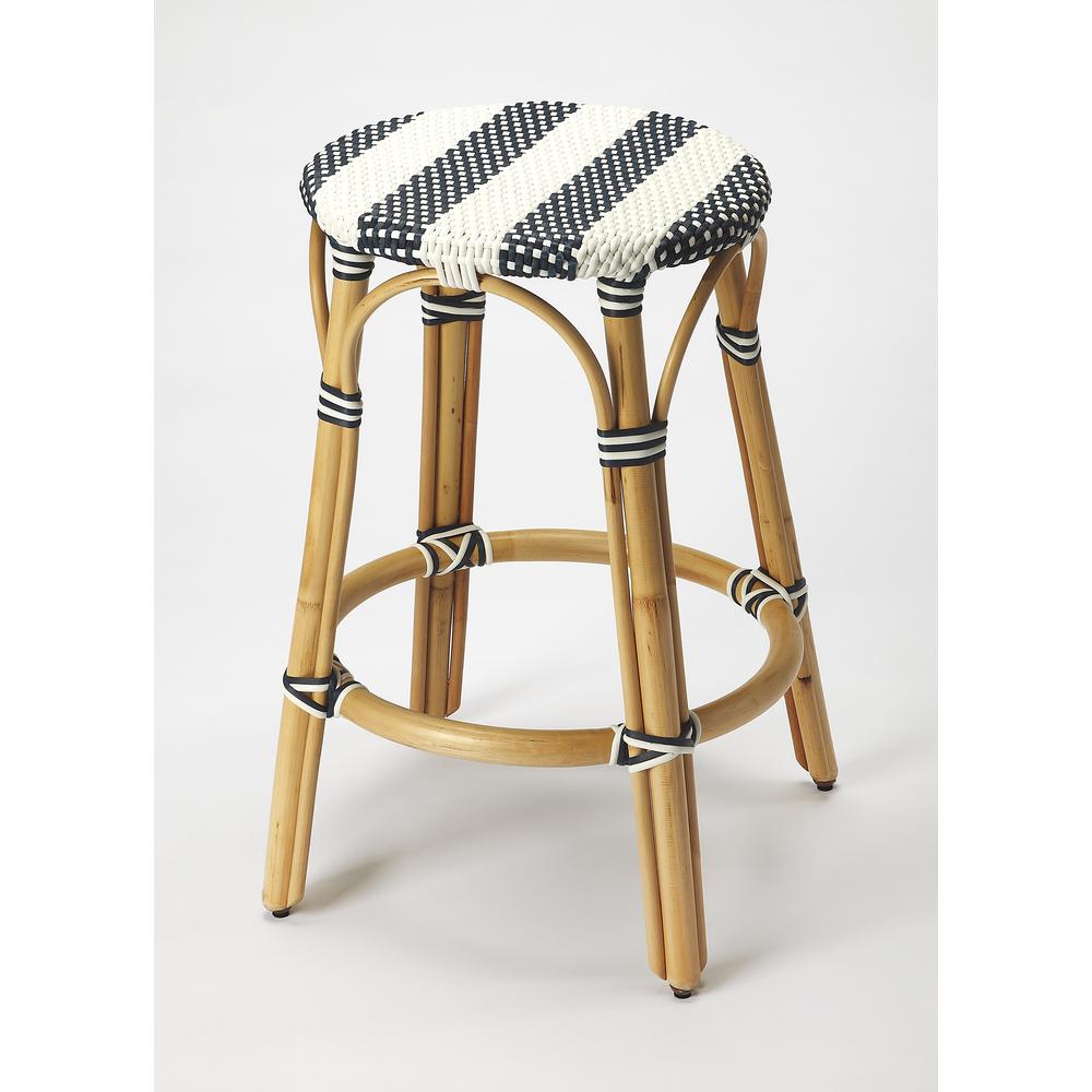Tobias Rattan Round 24" Counter Stool, White and Navy Stripe. Picture 1