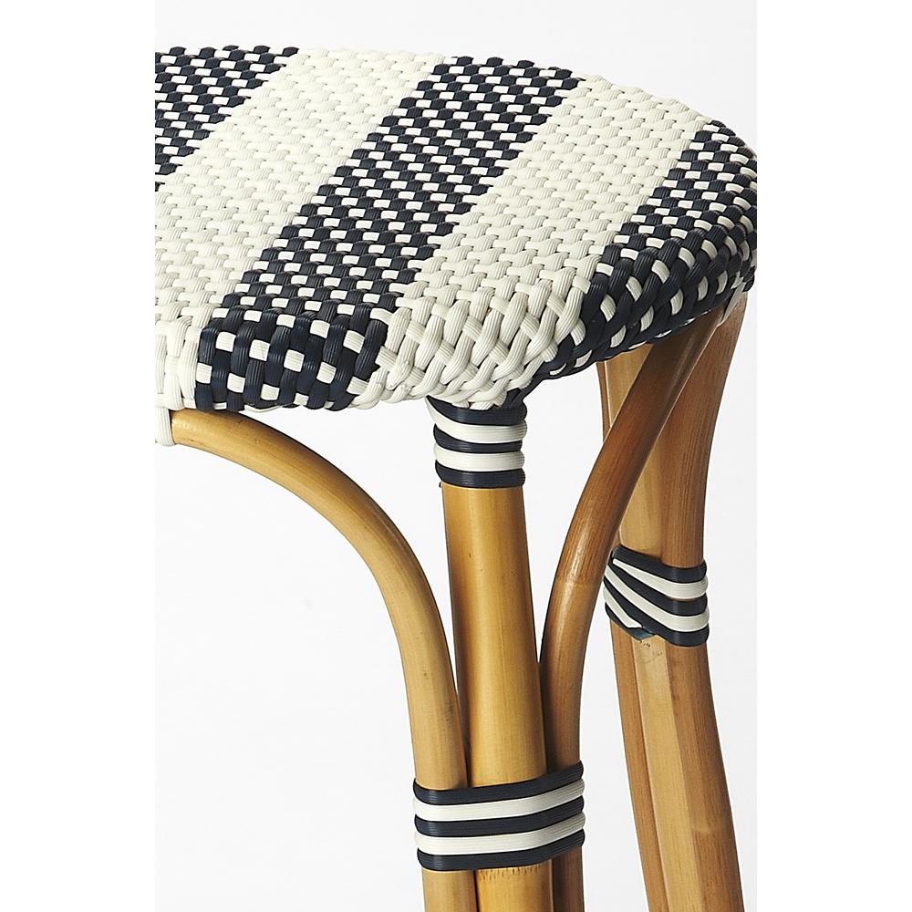 Tobias Rattan Round 24" Counter Stool, White and Navy Stripe. Picture 2