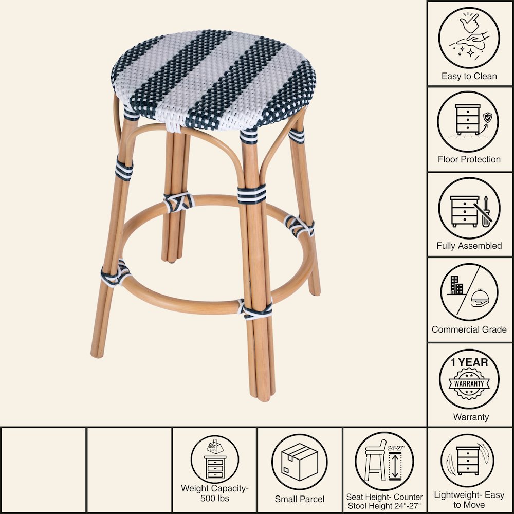 Tobias Rattan Round 24" Counter Stool, White and Navy Stripe. Picture 4