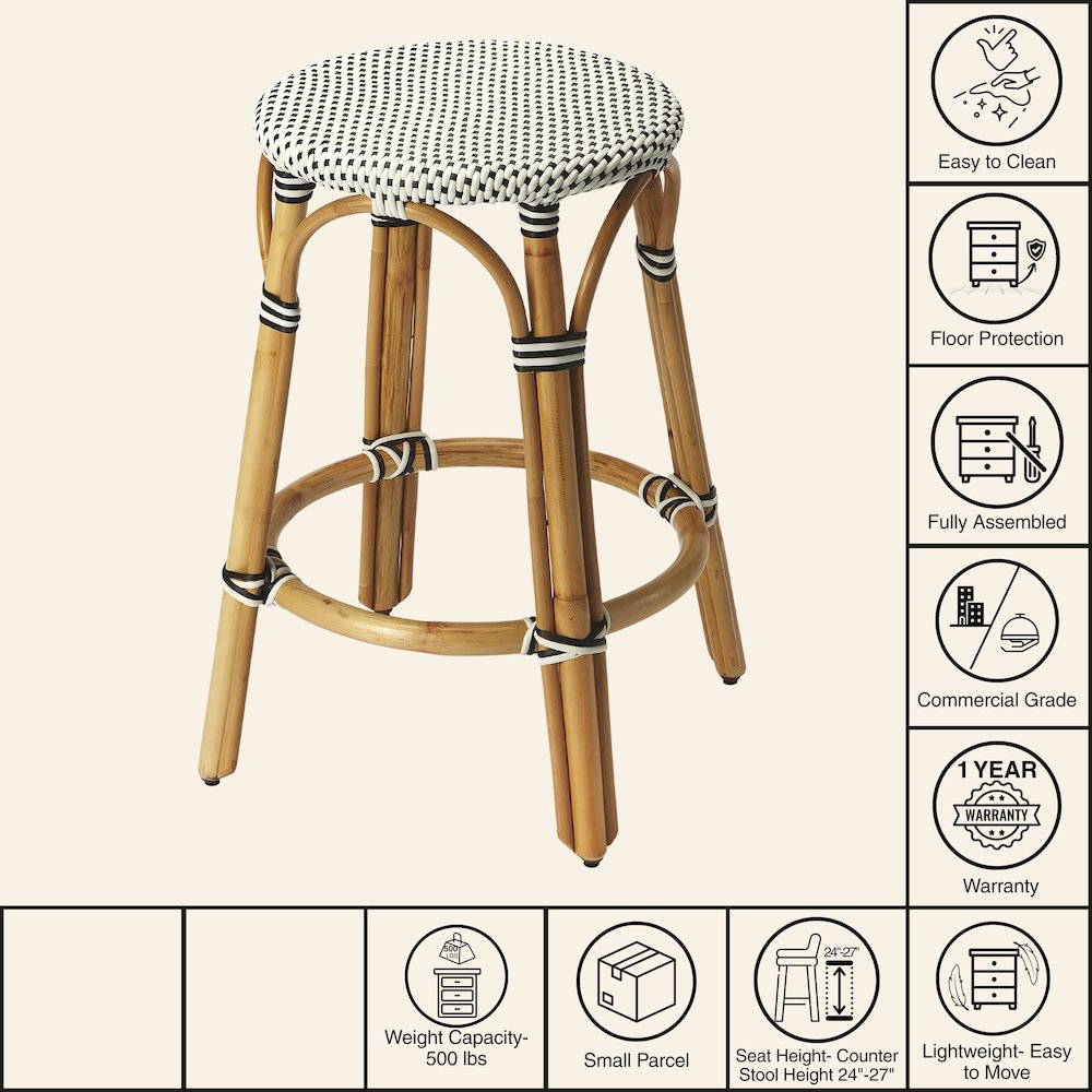 Tobias Rattan Round 24" Counter Stool, White and Black Dot. Picture 5