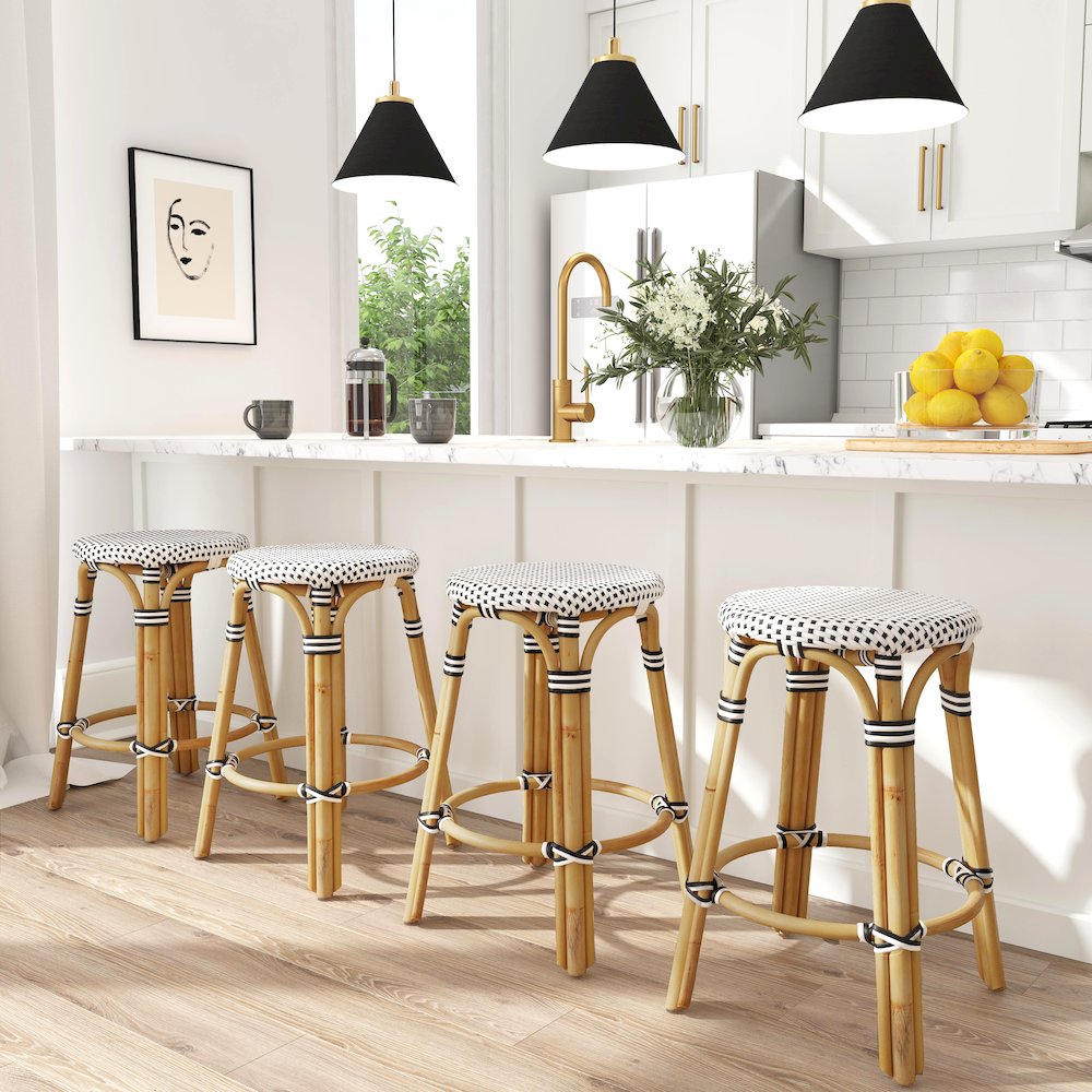 Tobias Rattan Round 24" Counter Stool, White and Black Dot. Picture 3